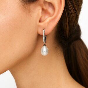 Elegant Cubic Zirconia & Teardrop Pearl Dangle Earrings NWT
